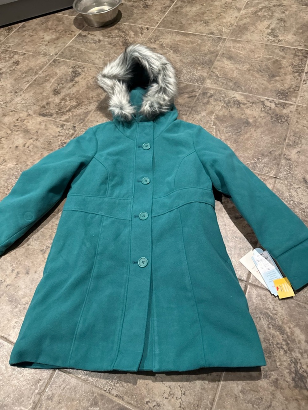 Dark green girls Hooded Wool Coat with Faux Fur Trim